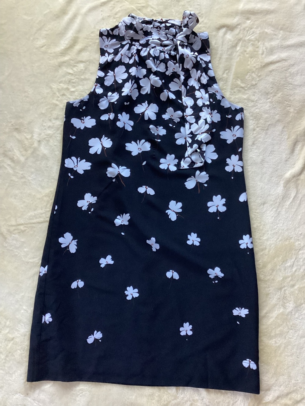 Ann Taylor Factory Black Dress with White Floral Tie-Neck